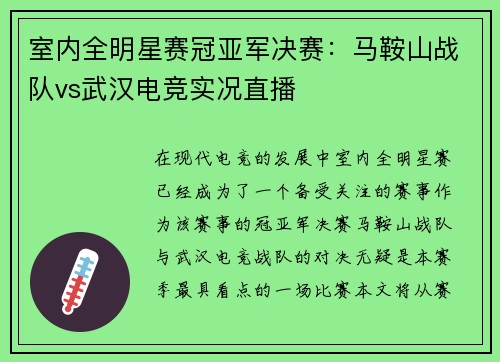 室内全明星赛冠亚军决赛：马鞍山战队vs武汉电竞实况直播